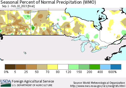Canada Seasonal Percent of Normal Precipitation (WMO) Thematic Map For 9/1/2022 - 2/10/2023