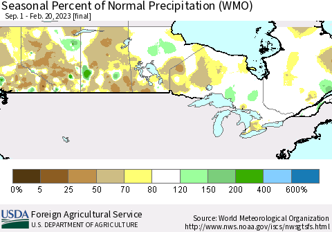 Canada Seasonal Percent of Normal Precipitation (WMO) Thematic Map For 9/1/2022 - 2/20/2023