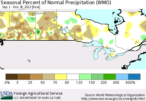 Canada Seasonal Percent of Normal Precipitation (WMO) Thematic Map For 9/1/2022 - 2/28/2023