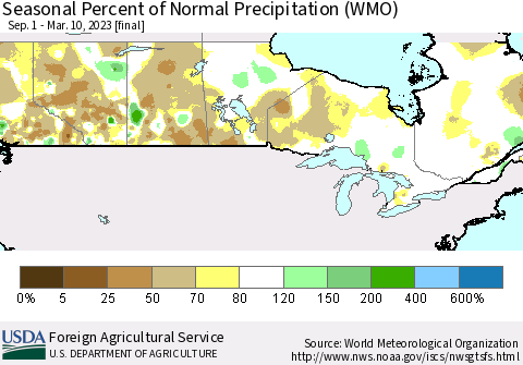 Canada Seasonal Percent of Normal Precipitation (WMO) Thematic Map For 9/1/2022 - 3/10/2023