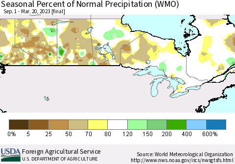 Canada Seasonal Percent of Normal Precipitation (WMO) Thematic Map For 9/1/2022 - 3/20/2023