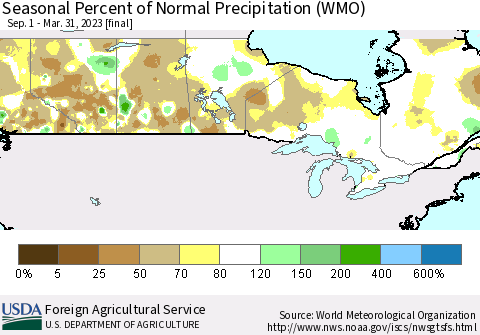 Canada Seasonal Percent of Normal Precipitation (WMO) Thematic Map For 9/1/2022 - 3/31/2023