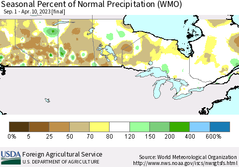 Canada Seasonal Percent of Normal Precipitation (WMO) Thematic Map For 9/1/2022 - 4/10/2023