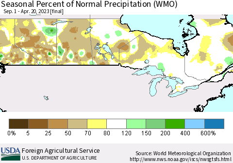 Canada Seasonal Percent of Normal Precipitation (WMO) Thematic Map For 9/1/2022 - 4/20/2023