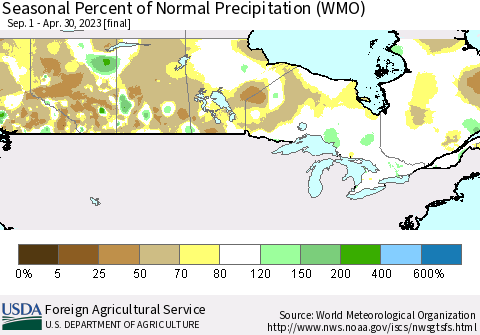 Canada Seasonal Percent of Normal Precipitation (WMO) Thematic Map For 9/1/2022 - 4/30/2023