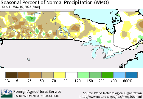 Canada Seasonal Percent of Normal Precipitation (WMO) Thematic Map For 9/1/2022 - 5/10/2023