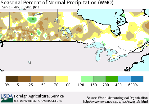Canada Seasonal Percent of Normal Precipitation (WMO) Thematic Map For 9/1/2022 - 5/31/2023