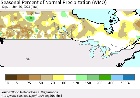 Canada Seasonal Percent of Normal Precipitation (WMO) Thematic Map For 9/1/2022 - 6/10/2023