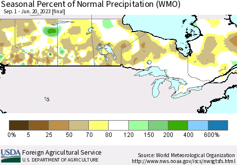 Canada Seasonal Percent of Normal Precipitation (WMO) Thematic Map For 9/1/2022 - 6/20/2023