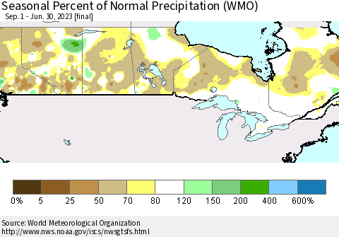 Canada Seasonal Percent of Normal Precipitation (WMO) Thematic Map For 9/1/2022 - 6/30/2023