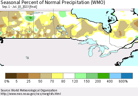 Canada Seasonal Percent of Normal Precipitation (WMO) Thematic Map For 9/1/2022 - 7/10/2023