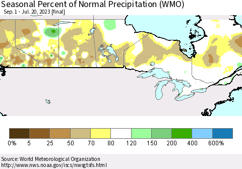 Canada Seasonal Percent of Normal Precipitation (WMO) Thematic Map For 9/1/2022 - 7/20/2023