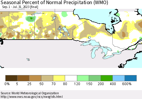 Canada Seasonal Percent of Normal Precipitation (WMO) Thematic Map For 9/1/2022 - 7/31/2023