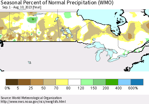 Canada Seasonal Percent of Normal Precipitation (WMO) Thematic Map For 9/1/2022 - 8/10/2023