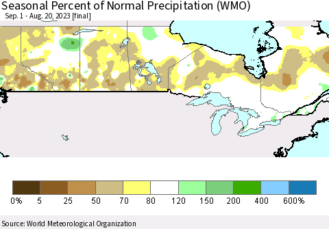 Canada Seasonal Percent of Normal Precipitation (WMO) Thematic Map For 9/1/2022 - 8/20/2023
