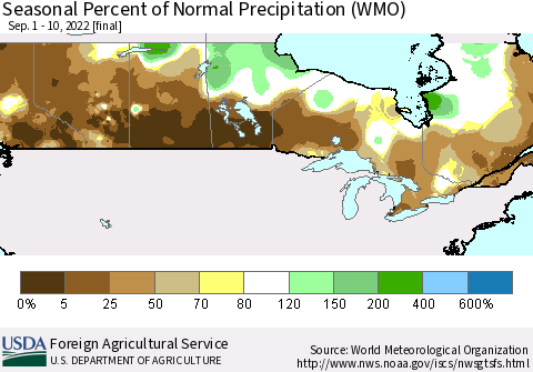 Canada Seasonal Percent of Normal Precipitation (WMO) Thematic Map For 9/1/2022 - 9/10/2022