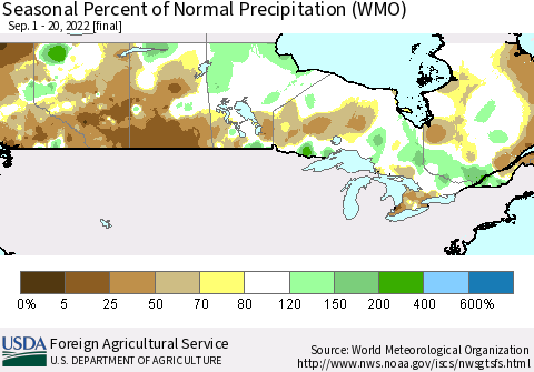 Canada Seasonal Percent of Normal Precipitation (WMO) Thematic Map For 9/1/2022 - 9/20/2022