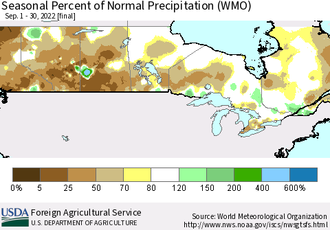 Canada Seasonal Percent of Normal Precipitation (WMO) Thematic Map For 9/1/2022 - 9/30/2022
