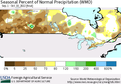Canada Seasonal Percent of Normal Precipitation (WMO) Thematic Map For 9/1/2022 - 10/10/2022