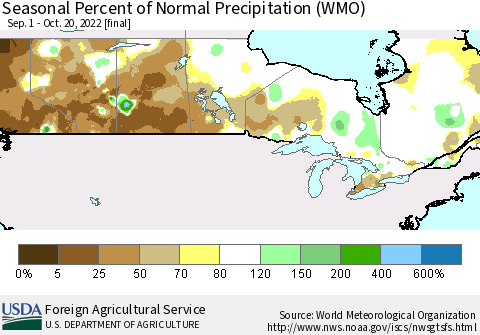 Canada Seasonal Percent of Normal Precipitation (WMO) Thematic Map For 9/1/2022 - 10/20/2022
