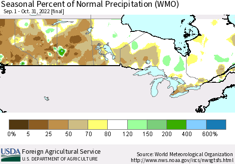 Canada Seasonal Percent of Normal Precipitation (WMO) Thematic Map For 9/1/2022 - 10/31/2022