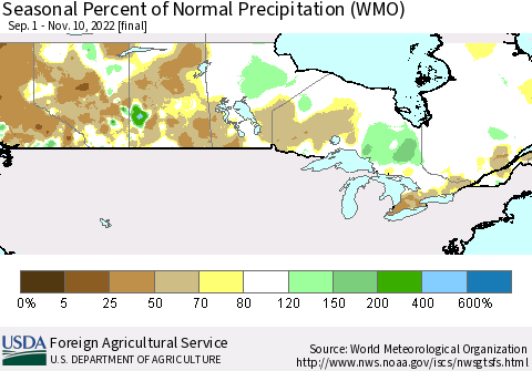 Canada Seasonal Percent of Normal Precipitation (WMO) Thematic Map For 9/1/2022 - 11/10/2022