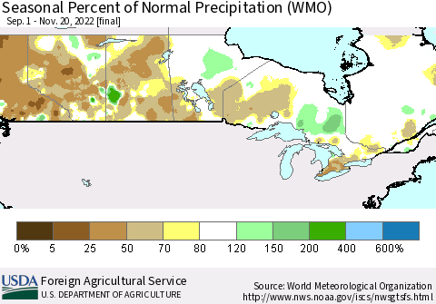 Canada Seasonal Percent of Normal Precipitation (WMO) Thematic Map For 9/1/2022 - 11/20/2022