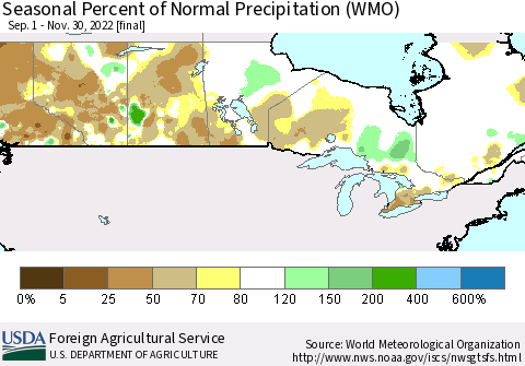 Canada Seasonal Percent of Normal Precipitation (WMO) Thematic Map For 9/1/2022 - 11/30/2022