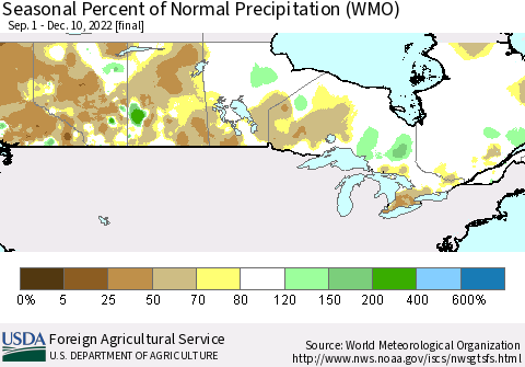 Canada Seasonal Percent of Normal Precipitation (WMO) Thematic Map For 9/1/2022 - 12/10/2022