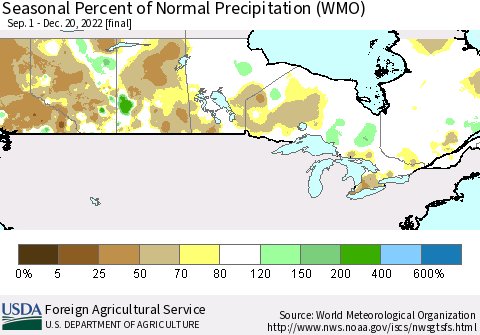Canada Seasonal Percent of Normal Precipitation (WMO) Thematic Map For 9/1/2022 - 12/20/2022