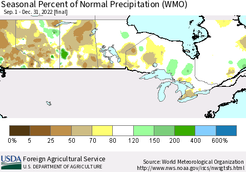 Canada Seasonal Percent of Normal Precipitation (WMO) Thematic Map For 9/1/2022 - 12/31/2022
