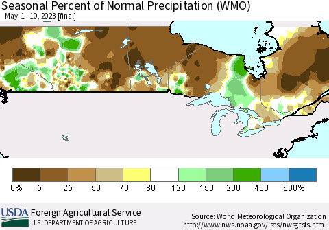Canada Seasonal Percent of Normal Precipitation (WMO) Thematic Map For 5/1/2023 - 5/10/2023