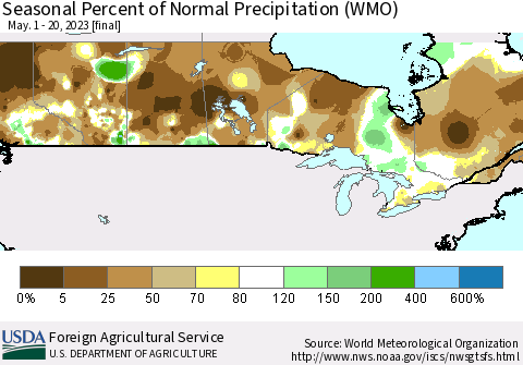 Canada Seasonal Percent of Normal Precipitation (WMO) Thematic Map For 5/1/2023 - 5/20/2023