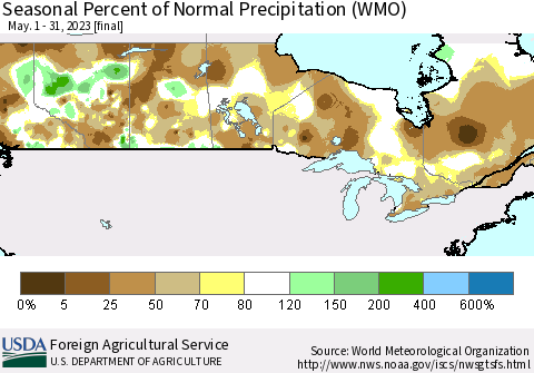 Canada Seasonal Percent of Normal Precipitation (WMO) Thematic Map For 5/1/2023 - 5/31/2023