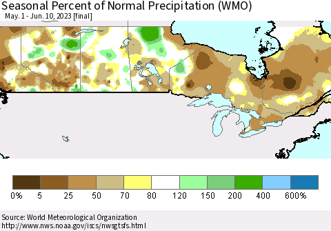 Canada Seasonal Percent of Normal Precipitation (WMO) Thematic Map For 5/1/2023 - 6/10/2023