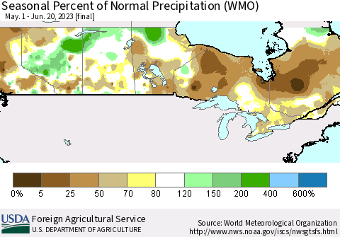 Canada Seasonal Percent of Normal Precipitation (WMO) Thematic Map For 5/1/2023 - 6/20/2023