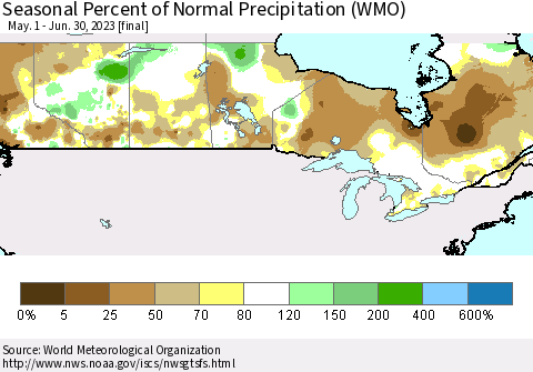 Canada Seasonal Percent of Normal Precipitation (WMO) Thematic Map For 5/1/2023 - 6/30/2023