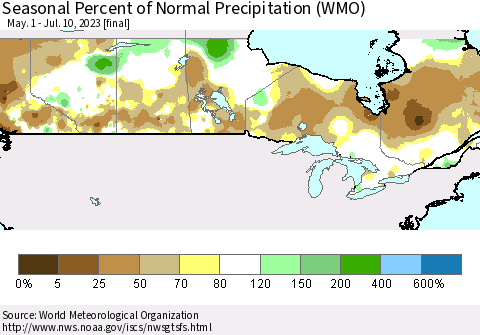 Canada Seasonal Percent of Normal Precipitation (WMO) Thematic Map For 5/1/2023 - 7/10/2023