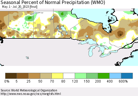 Canada Seasonal Percent of Normal Precipitation (WMO) Thematic Map For 5/1/2023 - 7/20/2023
