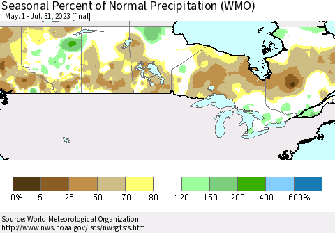 Canada Seasonal Percent of Normal Precipitation (WMO) Thematic Map For 5/1/2023 - 7/31/2023