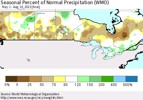 Canada Seasonal Percent of Normal Precipitation (WMO) Thematic Map For 5/1/2023 - 8/10/2023