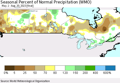 Canada Seasonal Percent of Normal Precipitation (WMO) Thematic Map For 5/1/2023 - 8/20/2023