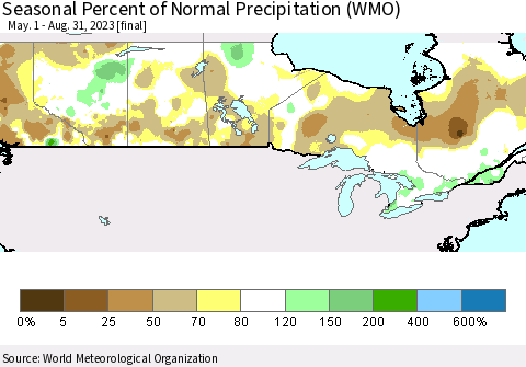 Canada Seasonal Percent of Normal Precipitation (WMO) Thematic Map For 5/1/2023 - 8/31/2023