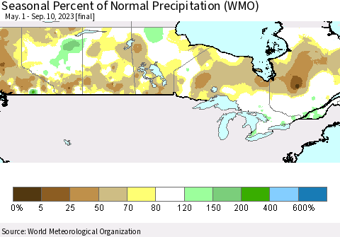 Canada Seasonal Percent of Normal Precipitation (WMO) Thematic Map For 5/1/2023 - 9/10/2023