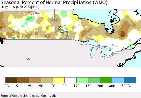 Canada Seasonal Percent of Normal Precipitation (WMO) Thematic Map For 5/1/2023 - 9/20/2023