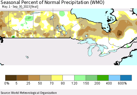 Canada Seasonal Percent of Normal Precipitation (WMO) Thematic Map For 5/1/2023 - 9/30/2023