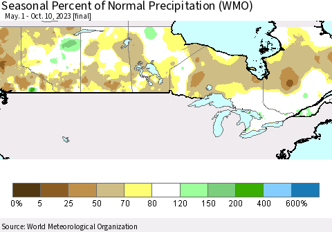 Canada Seasonal Percent of Normal Precipitation (WMO) Thematic Map For 5/1/2023 - 10/10/2023