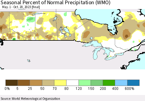 Canada Seasonal Percent of Normal Precipitation (WMO) Thematic Map For 5/1/2023 - 10/20/2023
