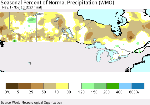 Canada Seasonal Percent of Normal Precipitation (WMO) Thematic Map For 5/1/2023 - 11/10/2023
