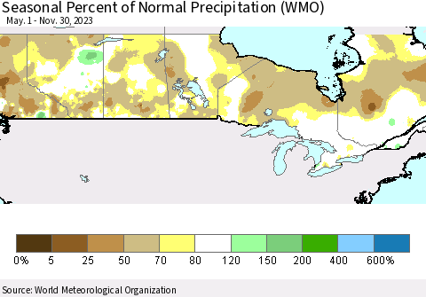 Canada Seasonal Percent of Normal Precipitation (WMO) Thematic Map For 5/1/2023 - 11/30/2023